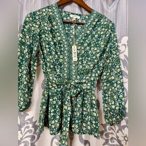 MAX STUDIO $88 Women's Green White Floral Tie Front Regencycore Blouse Sz XS NWT